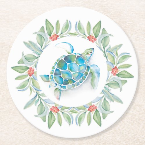 Beach Christmas Sea Turtle Round Paper Coaster