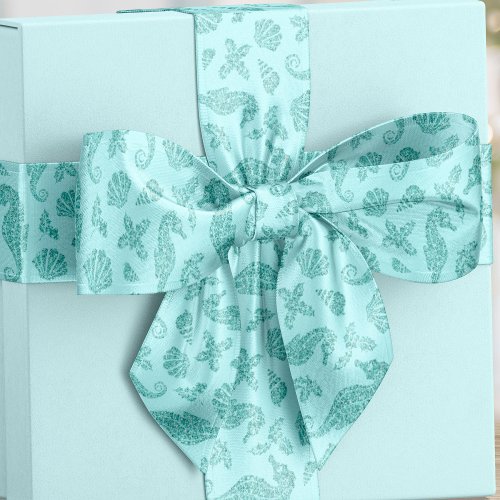 Beach Christmas Seahorse Aqua Blue Glitter  Satin Ribbon