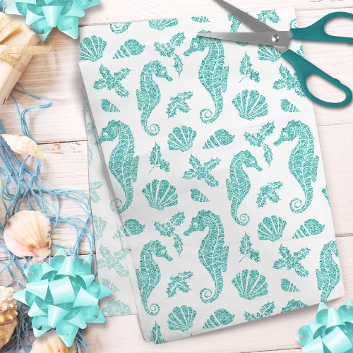 Beach Christmas Seahorse Glitter Aqua Blue White Tissue Paper