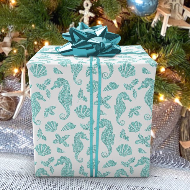 Beach Christmas Seahorse Glitter Aqua White Wrapping Paper (Creator Uploaded)