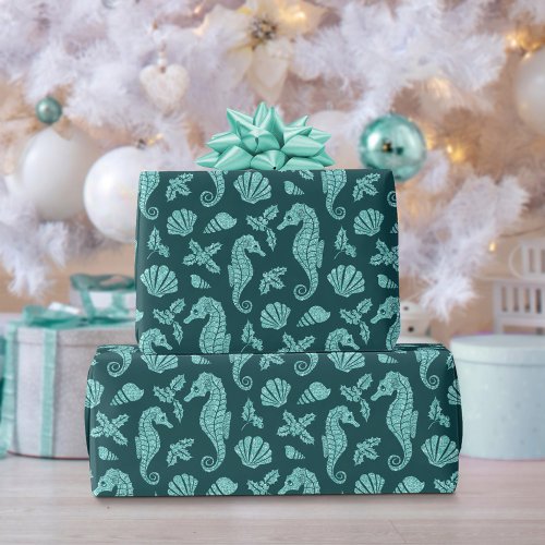 Beach Christmas Seahorse Glitter Teal Aqua Wrapping Paper