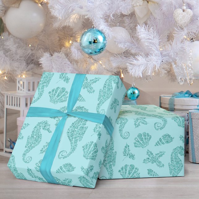 Beach Christmas Seahorse Pattern Aqua Glitter  Wrapping Paper (Creator Uploaded)