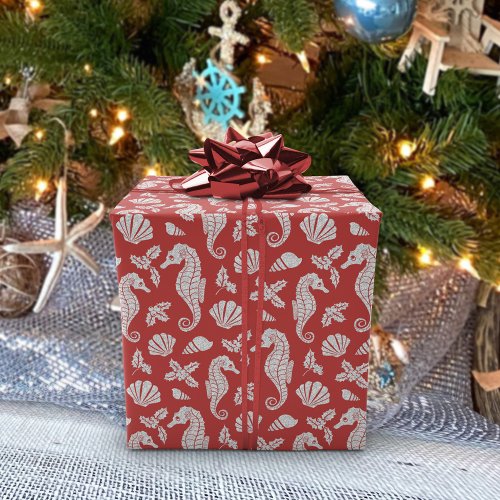 Beach Christmas Seahorses Pattern Red Wrapping Paper