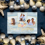 Beach Christmas Seas and Greetings Wood Photo Foil Holiday Card<br><div class="desc">Send warm Christmas wishes from the beach with this personalized coastal holiday card with 3 photos and “Seas & Greetings” script calligraphy printed with real gold foil. In the center is a group of watercolor seashells,  with a beach wood background.</div>