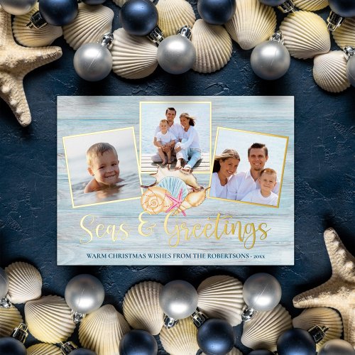 Beach Christmas Seas and Greetings Wood Photo Foil Holiday Card