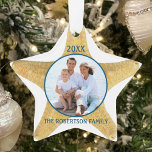 Beach Christmas Starfish Family Photo White Blue Ornament<br><div class="desc">This beach themed star shaped Christmas ornament features a starfish on a simple white background,  with a round photo in the middle with a blue frame,  and the family name and year in blue. 
*If you need assistance with this design or matching products,  please contact me through Zazzle.</div>