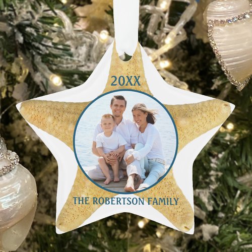 Beach Christmas Starfish Family Photo White Blue Ornament