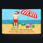 Beach Christmas Summer Santa Claus Custom Party Banner<br><div class="desc">This cute custom Christmas in July banner makes perfect summer party decor for a beach bash or pool gathering. Make it a fun north pole themed extravaganza with Santa Claus in his swimming trunks next to a red and white striped beach umbrella and gifts. I've never seen Mr. Klaus in...</div>