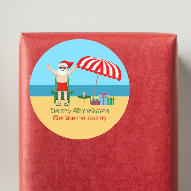 Beach Christmas Summer Santa Claus Custom Party Classic Round Sticker (Creator Uploaded)