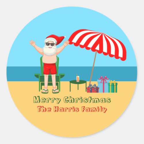 Beach Christmas Summer Santa Claus Custom Party Classic Round Sticker