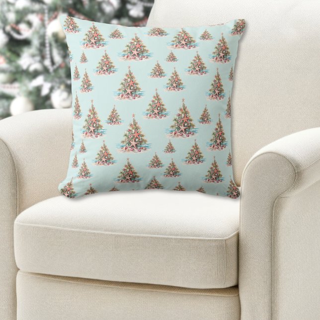 Beach Christmas Throw Pillow (Beach Shell Christmas Tree Pattern Throw Pillow)