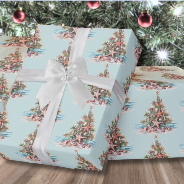Beach Christmas Tree Pattern Wrapping Paper (Beach Shell Christmas Tree Pattern Wrapping Paper)