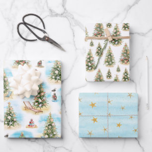 Beach Christmas Trees Ocean Wrapping Paper Sheets