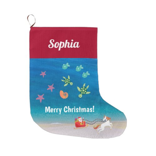 Beach Christmas Tropical Ocean Fish Santa Unicorn  Large Christmas Stocking