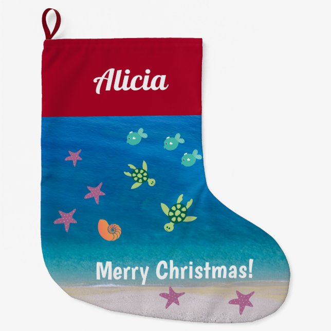 Beach Christmas Tropical Ocean Starfish Turtles Large Christmas Stocking (Front)