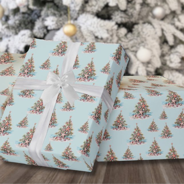 Beach Christmas Wrapping Paper (Beach Shell Christmas Tree Pattern Wrapping Paper)