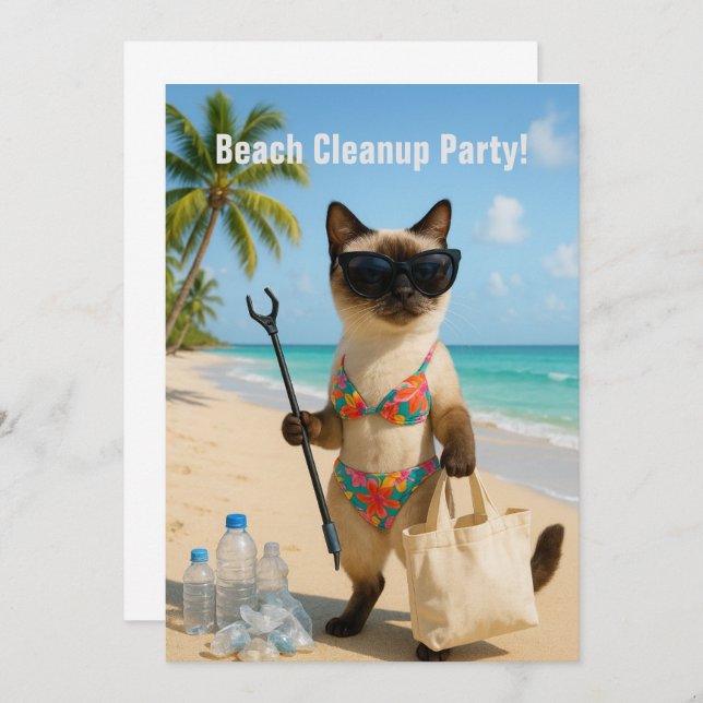 Beach Cleanup Party with Siamese   Invitation Card (Front/Back)