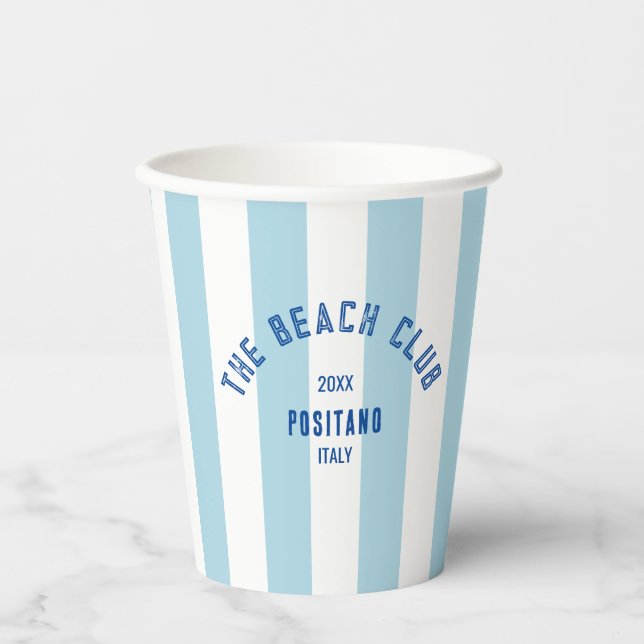 Beach Club Crest Blue Cabana Stripe Paper Cups (Front)