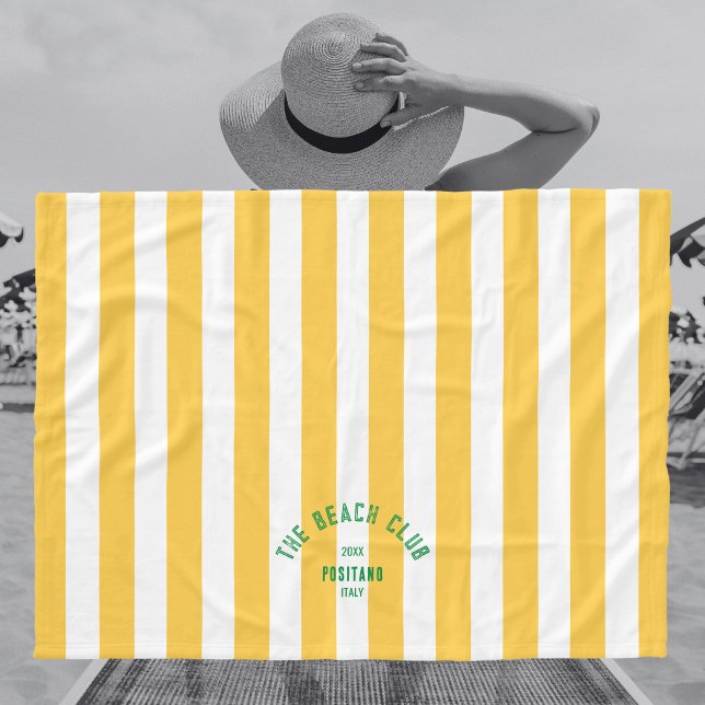 Beach Club Crest Yellow Cabana Stripe Monogram Fleece Blanket (Creator Uploaded)