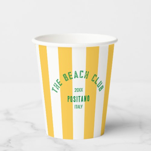 Beach Club Crest Yellow Cabana Stripe Monogram Paper Cups