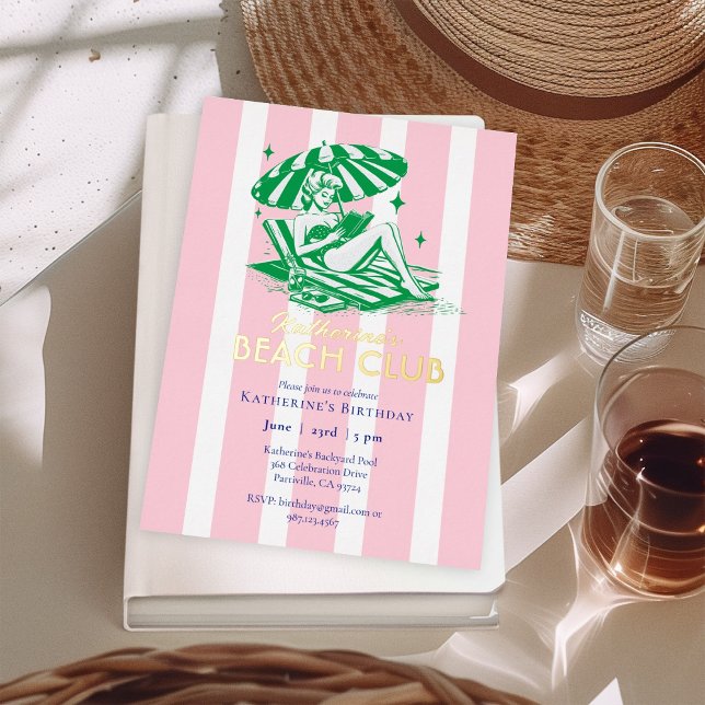 Beach Club Pink Stripes Girl Birthday Party Gold Foil Invitation (Creator Uploaded)