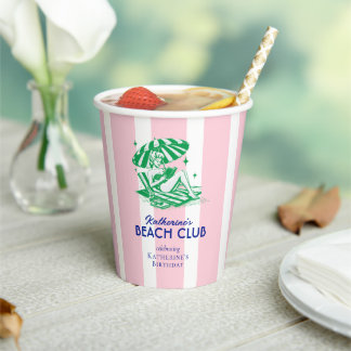 Beach Club Pink Stripes Retro Girl Birthday Party  Paper Cups
