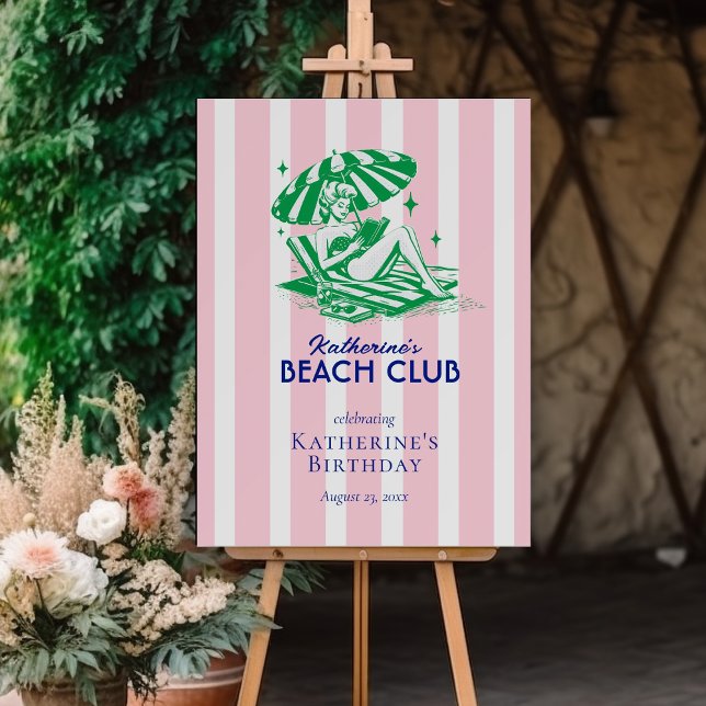 Beach Club Retro Pink Stripes Birthday Welcome Foam Board (Creator Uploaded)