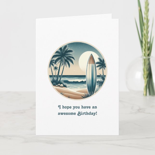 Beach Club Surfboard Tropical Birthday Card (Front)