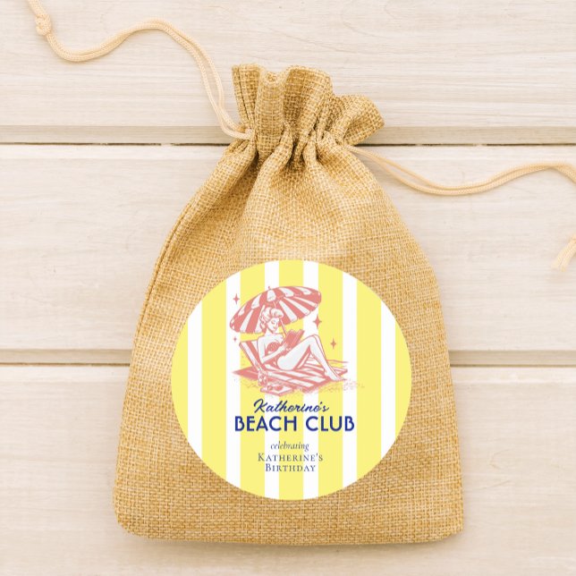 Beach Club Yellow Cabana Stripe Birthday Party Classic Round Sticker (Creator Uploaded)