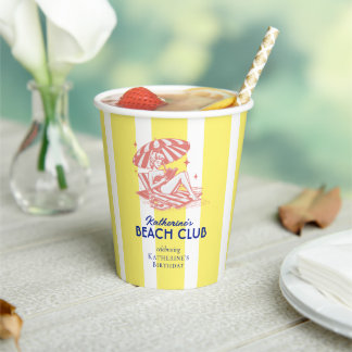 Beach Club Yellow Stripes Bikinis Birthday Party Paper Cups