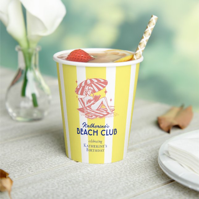 Beach Club Yellow Stripes Bikinis Birthday Party Paper Cups (Insitu)