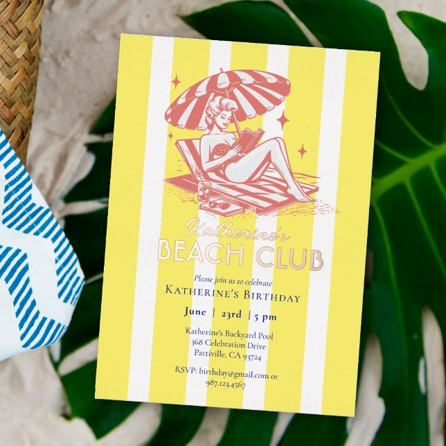 Beach Club Yellow Stripes Birthday Party Gold  Foil Invitation (Creator Uploaded)