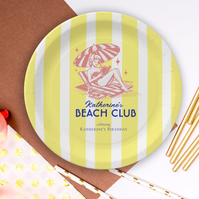 Beach Club Yellow Stripes Birthday Party Pap Paper Plates (Creator Uploaded)