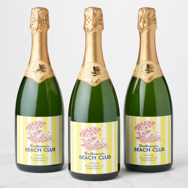 Beach Club Yellow Stripes Retro Girl Birthday  Sparkling Wine Label (Bottles)