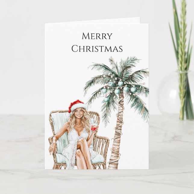 Beach Coast Blond Woman Christmas Card (Front)