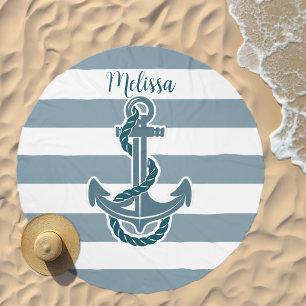 Beach Coastal Blue Anchor Nautical Custom Name Beach Towel