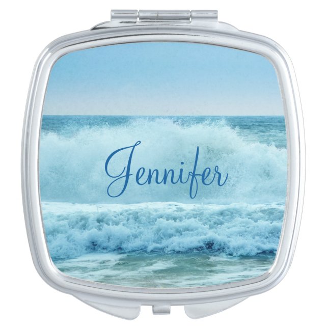 Beach Coastal Blue Ocean Waves Personalized Compact Mirror (Front)