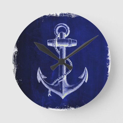 beach coastal chic nautical navy blue anchor round clock