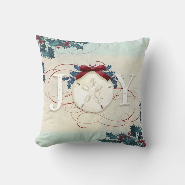 Beach Coastal Christmas Joy Sand Dollar Blue Holly Throw Pillow (Front)