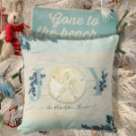Beach Coastal Christmas Joy Sand Dollar Holly Name Throw Pillow<br><div class="desc">"Beach Coastal Christmas Joy Sand Dollar Holly with Family Name Personalized, throw pillow." Elegant watercolor design with a textured sand and sea background, holly in blue and red with the typography design, "JOY" in slate blue. Your family name completes the design (or you can erase for blank). Art painted in...</div>