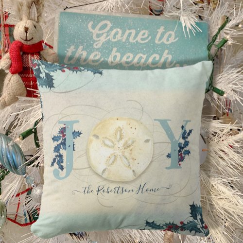 Beach Coastal Christmas Joy Sand Dollar Holly Name Throw Pillow