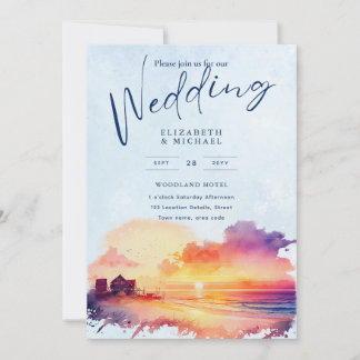 Beach Coastal Destination Sunset Tropical Wedding Invitation