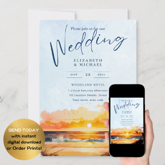 Beach Coastal Destination Sunset Tropical Wedding Invitation