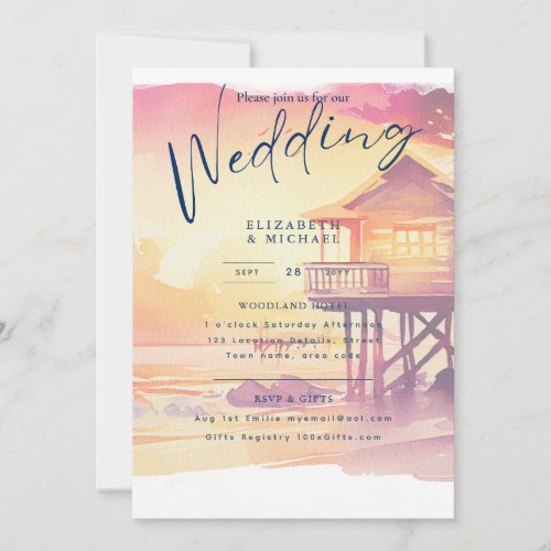  Beach Coastal Destination Sunset Tropical Wedding Invitation