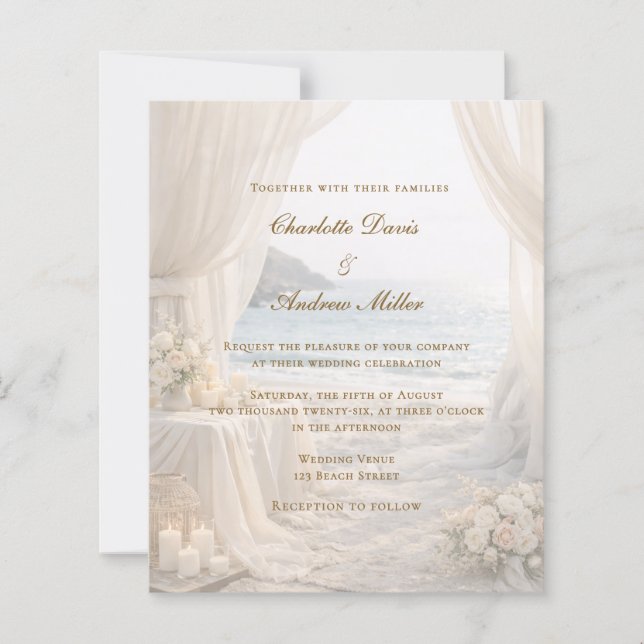 Beach coastal elegant romantic wedding invitation (Front)