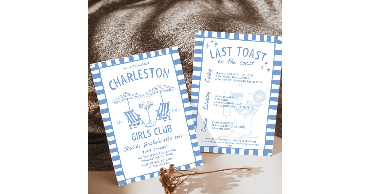 Beach Coastal Handdraw Blue Bachelorette Weekend Invitation