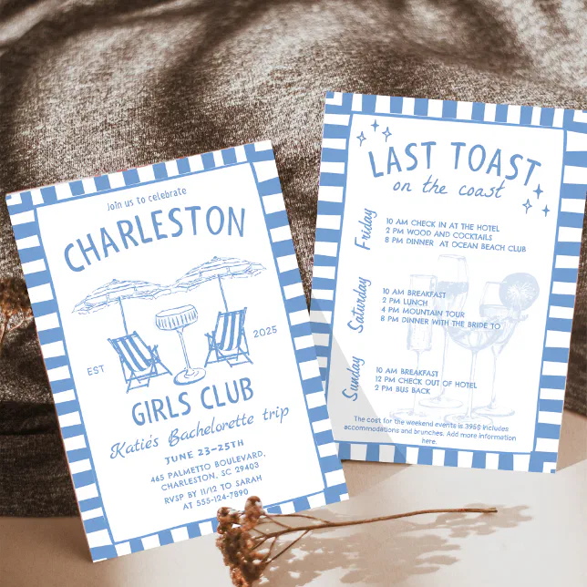 Beach Coastal Handdraw Blue Bachelorette Weekend Invitation