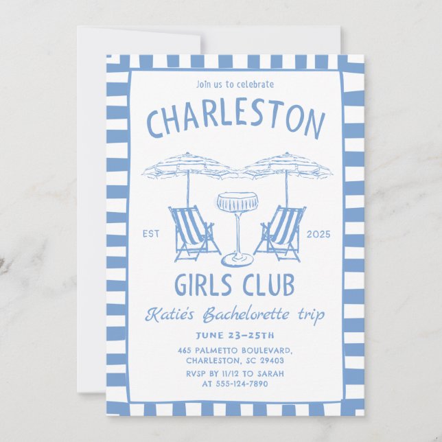 Beach Coastal Handdraw Blue Bachelorette Weekend Invitation
