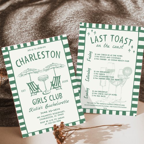 Beach Coastal Handdraw Green Bachelorette Weekend Invitation