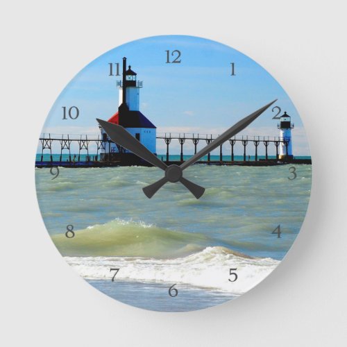 Beach Coastal Lighthouse Pier Ocean Waves Blue Sky Round Clock